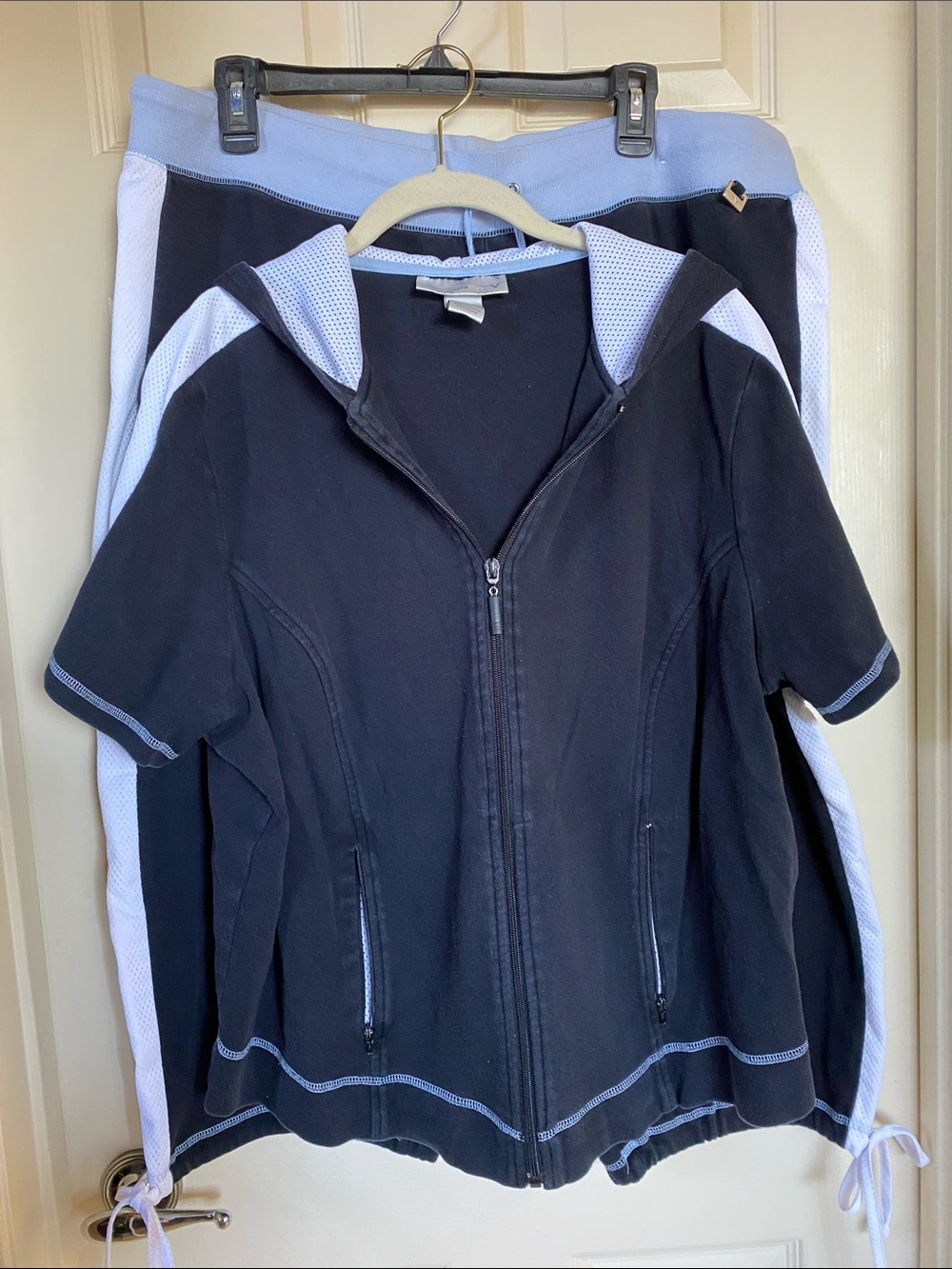 Venezia Black Jacket with Light Blue Trim Zip Hoodie and matching Capri pants.